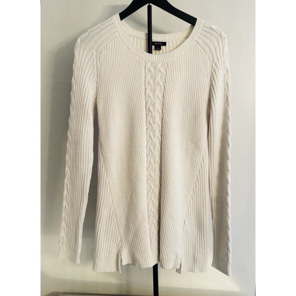 Nautica Cable Knit Sweater Sz L Ivory Cream 100% Cotton Ribbed Coastal Cabincore